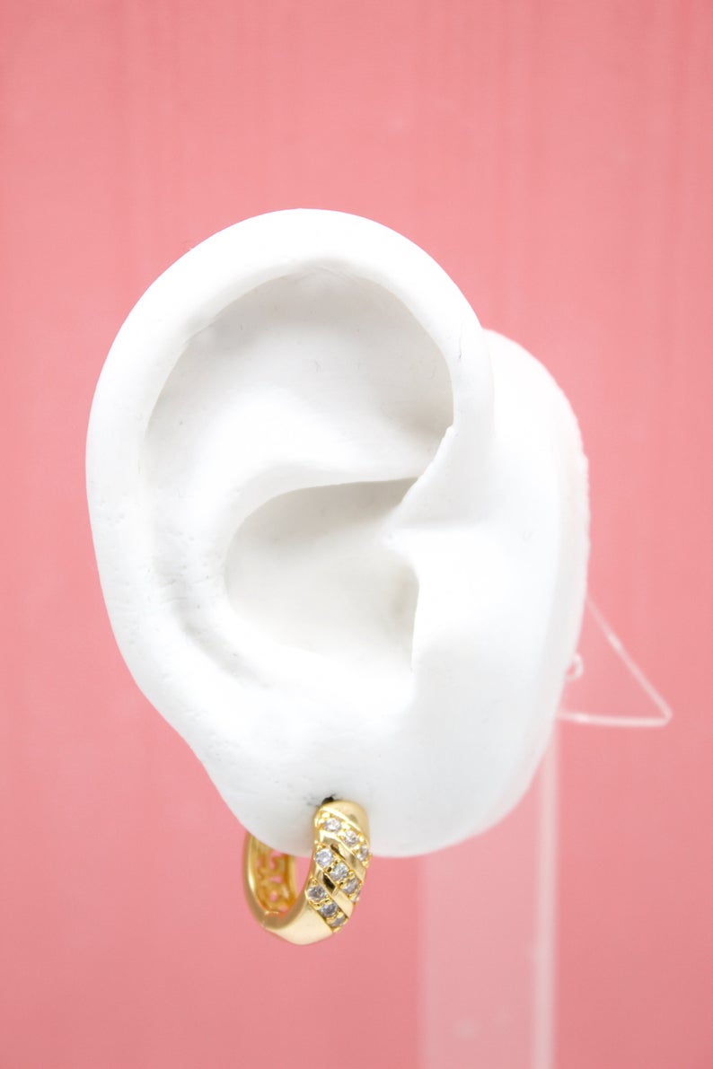 18K Gold Filled Thick Huggies Earrings With Slanted Clear CZ Cubic Zirconia Stones