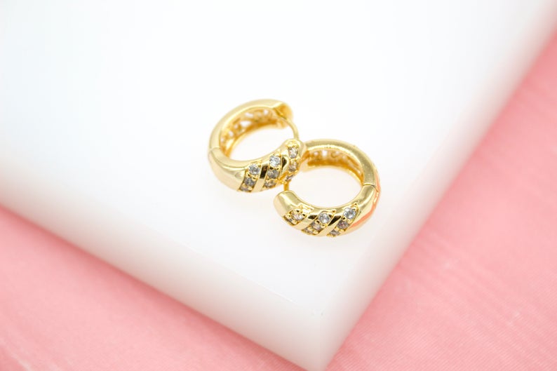 18K Gold Filled Thick Huggies Earrings With Slanted Clear CZ Cubic Zirconia Stones